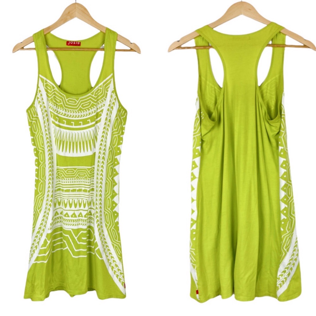 New Josie Natori Neon Lime Green Aztec Print Racerback Tank Dress Size Medium